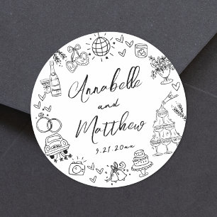 Hand Drawn Quirky Whimsical Wedding Classic Round Sticker