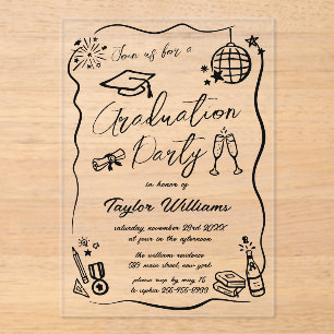 Hand Drawn Quirky Whimsy Doodles Graduation Party Acrylic Invitations