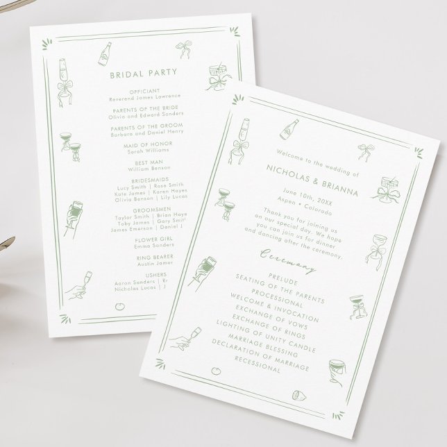 Hand Drawn Quirky White and Sage Green Wedding Programme (Creator Uploaded)