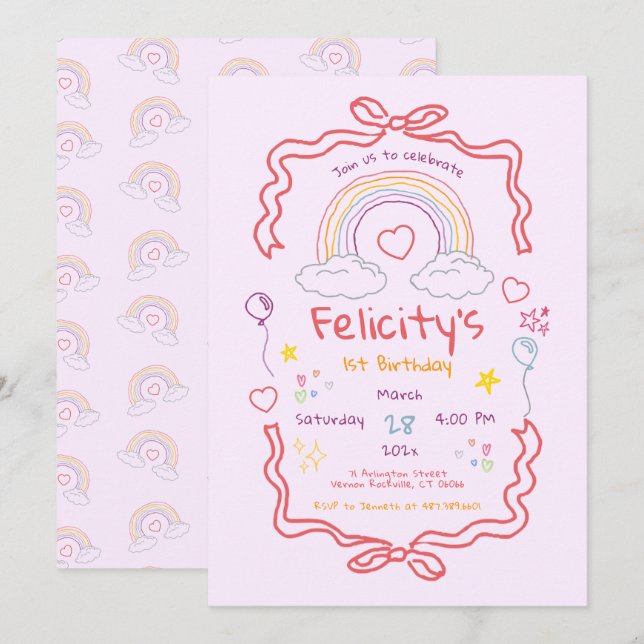 Hand Drawn Rainbow Whimsical Birthday Invitation (Front/Back)