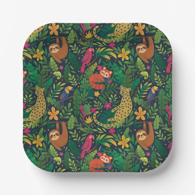 Hand Drawn Rainforest Animals Paper Plates (Front)
