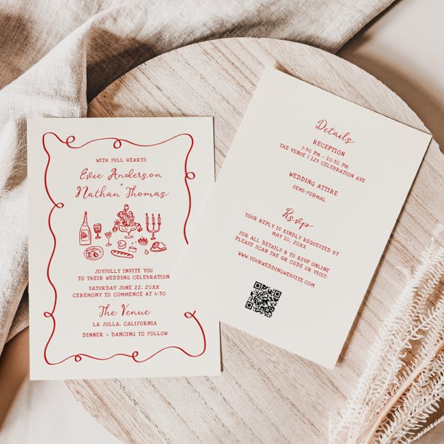 Hand Drawn Red All in One Wedding  Invitation (Creator Uploaded)