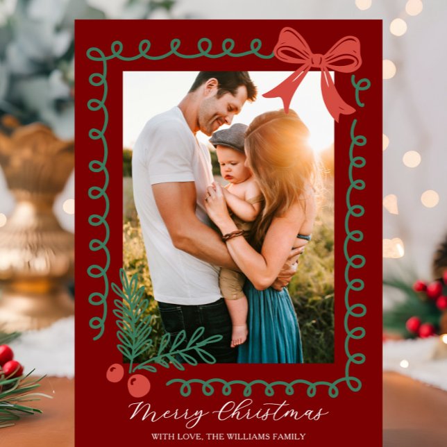 Hand Drawn Red and Green Merry Holiday Card (Red and green holiday card with hand drawn spiral border, holly, berries, bow, and “Merry Christmas")