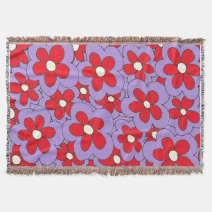 Hand Drawn Red and Purple Flower Design Throw Blanket