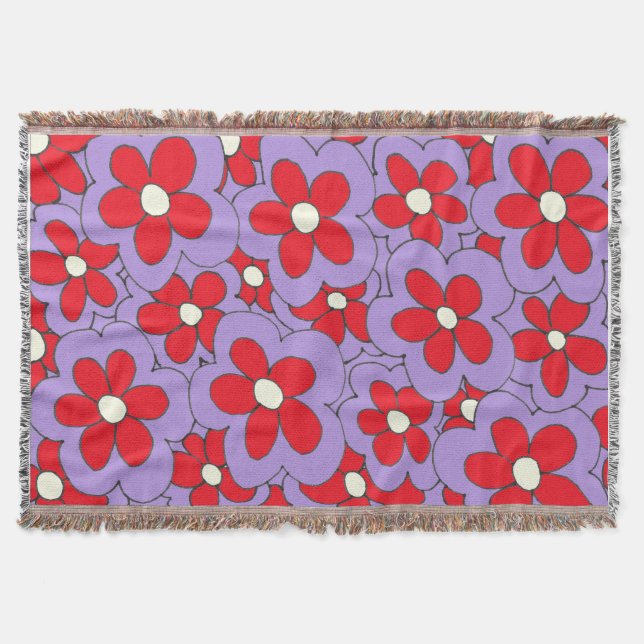 Hand Drawn Red and Purple Flower Design Throw Blanket (Front)