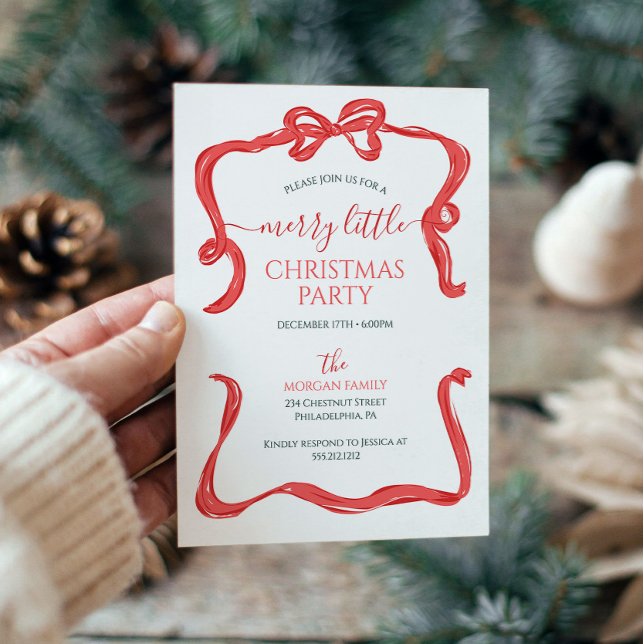 Hand Drawn Red Bow Christmas Party Invitation (merry little christmas party)