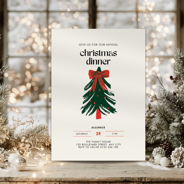 Hand Drawn Red Bow Christmas Tree Dinner Invitation (Red bow Christmas dinner party invitation)