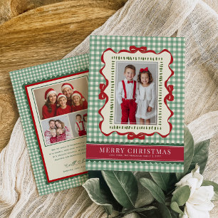 Hand Drawn Red Bow Green Plaid Christmas Photo Holiday Card