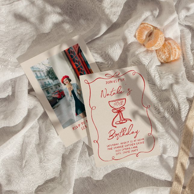 Hand Drawn Red Bow Martini 30th Photo Birthday Invitation (Creator Uploaded)