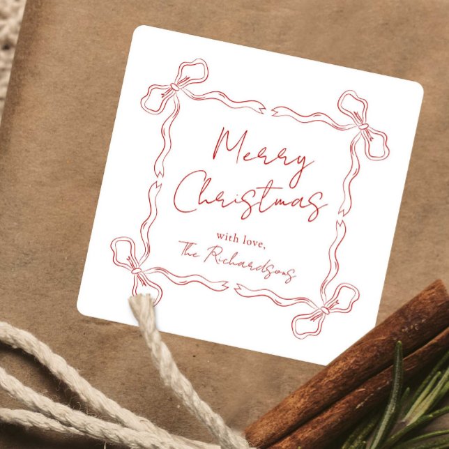 Hand Drawn Red Bow Whimsical Unique Christmas Square Sticker (Complete your gift packaging design with this custom Christmas family name sticker design)
