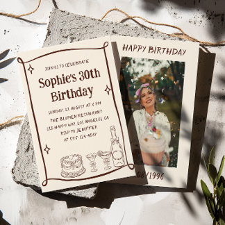 Hand Drawn Red & Cream 30TH Birthday Photo Invitation