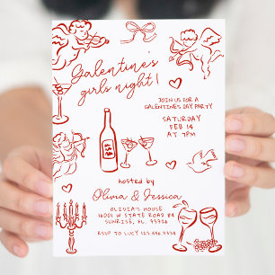 Hand Drawn Red Galentine's Girls Night Party  Invitation