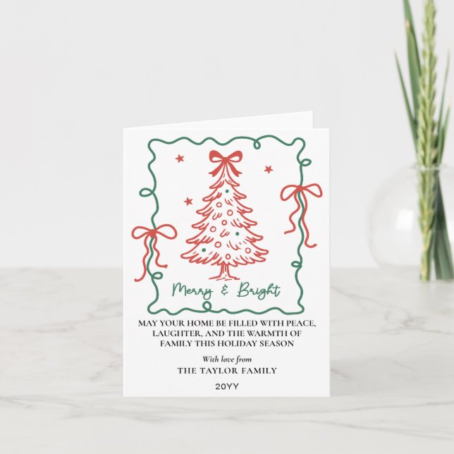 Hand Drawn Red Green Bows Frame Christmas Holiday Card (Front)