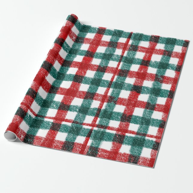 Hand Drawn Red & Green Christmas Plaid Pattern Wrapping Paper (Unrolled)