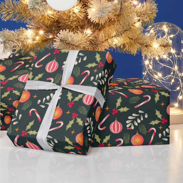Hand Drawn Red Green floral pattern Wrapping Paper (Holidays)