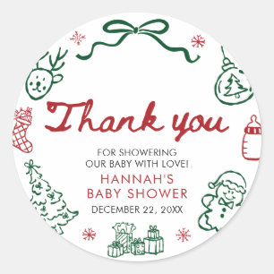 Hand Drawn Red Green Winter Christmas Baby Shower Classic Round Sticker