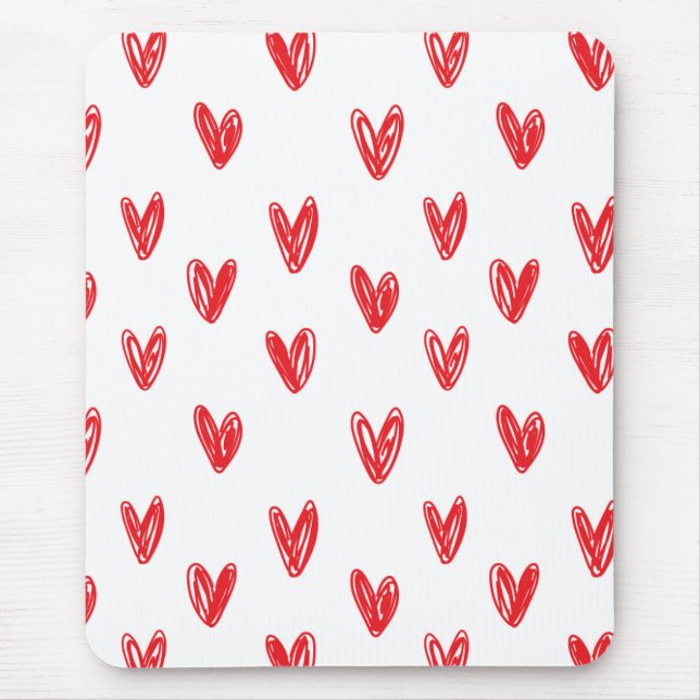 Hand Drawn Red Hearts Pattern – Minimal Valentine Mouse Pad (Front)