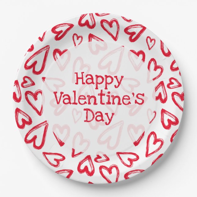Hand Drawn Red Hearts Valentine's Day Paper Plate (Front)
