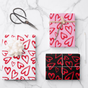 Hand Drawn Red Hearts Valentine's Day Wrapping Paper Sheet