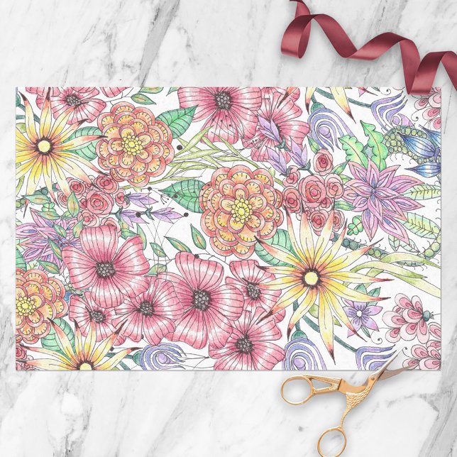 Hand-Drawn Red Orange Yellow Flowers and Leaves Tissue Paper (Creator Uploaded)