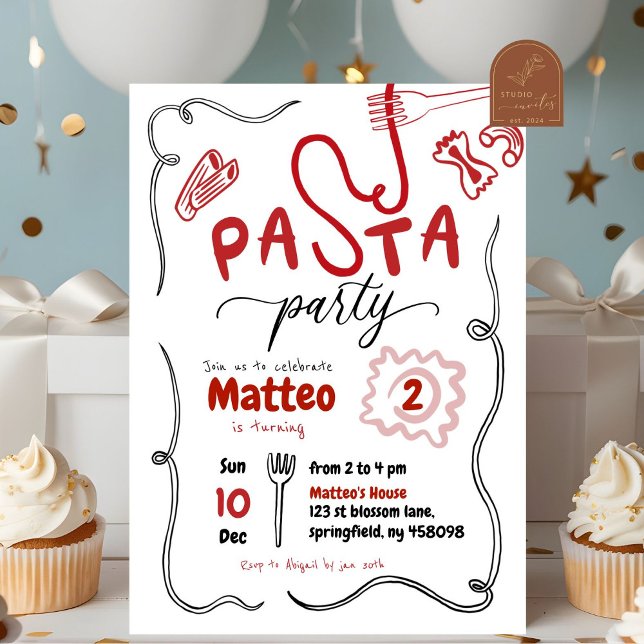Hand Drawn Red Pasta Party Birthday Invitation (Creator Uploaded)