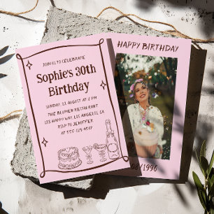 Hand Drawn Red & Pink 30TH Birthday Photo  Invitation