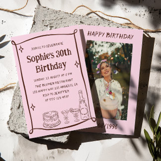 Hand Drawn Red & Pink 30TH Birthday Photo Invitation