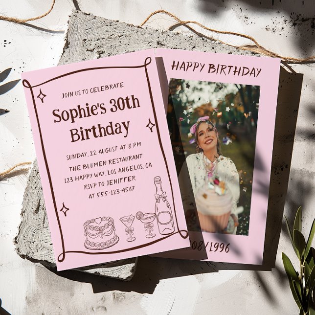 Hand Drawn Red & Pink 30TH Birthday Photo  Invitation (Creator Uploaded)