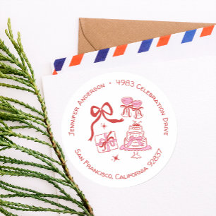 Hand Drawn Red Pink Birthday Cake Return Address Classic Round Sticker