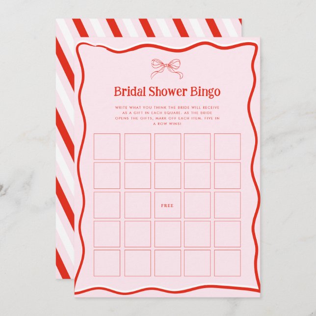 Hand Drawn Red Pink Bow Bridal Shower Bingo Game Invitation (Front/Back)