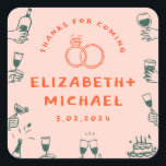 Hand drawn Red  Pink Funky Wedding  Square Sticker<br><div class="desc">Groovy Bold Red  Pink Funky Wedding</div>