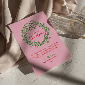Hand Drawn Red Pink Green Bow Wreath Christmas Holiday Card