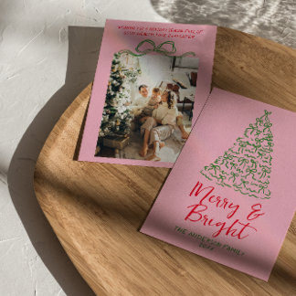 Hand Drawn Red Pink Ribbons Tree Photo Christmas  Holiday Card
