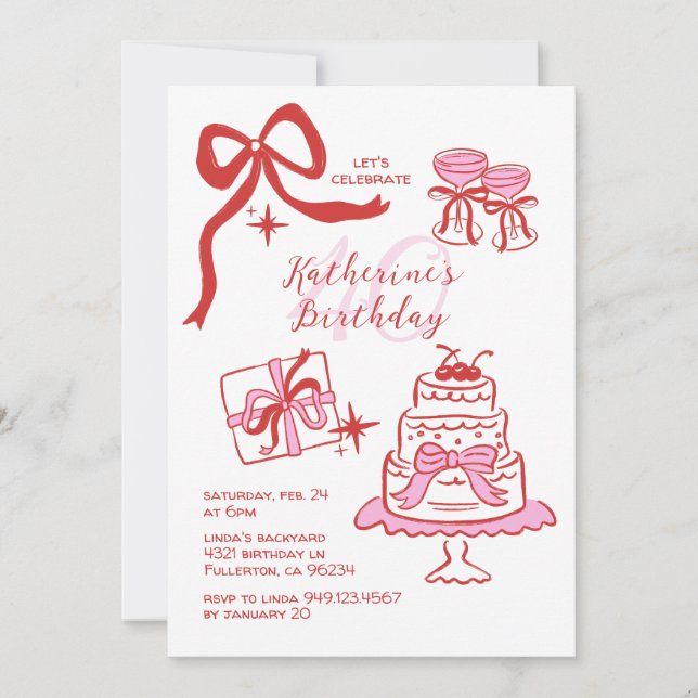 Hand Drawn Red Pink Scribble 40th Birthday Party Invitation (Front)