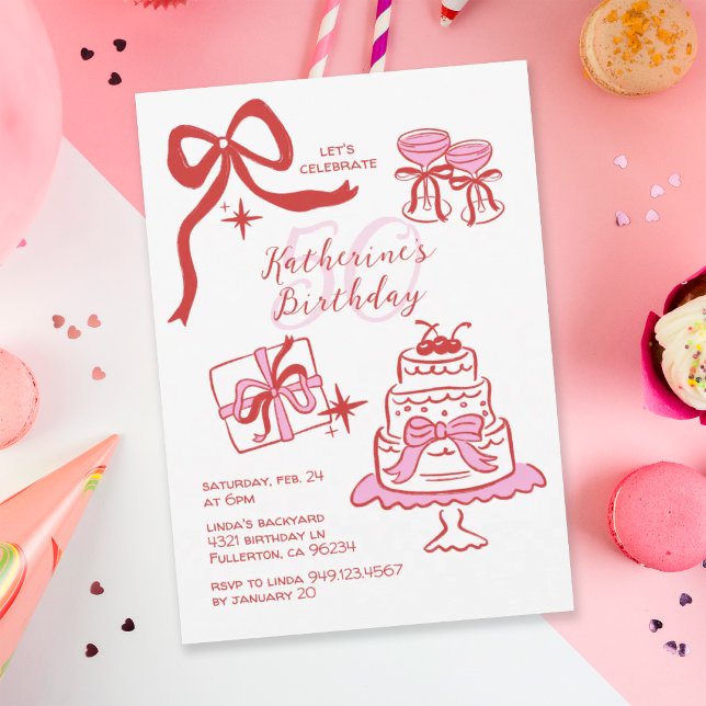 Hand Drawn Red Pink Scribble 50th Birthday Party Invitation (Creator Uploaded)