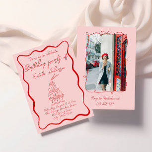 Hand Drawn Red Pink Wavy 70s Photo Birthday Party Invitation
