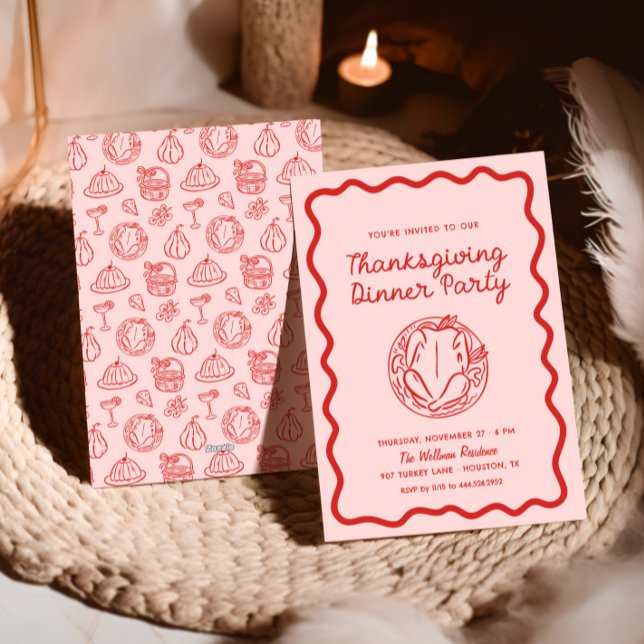 Hand Drawn Red Pink Whimsy Doodle Thanksgiving Holiday Card (Creator Uploaded)
