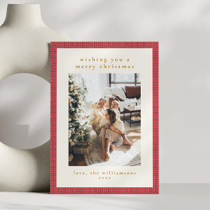 Hand Drawn Red Plaid Modern Family Christmas Photo Holiday Card