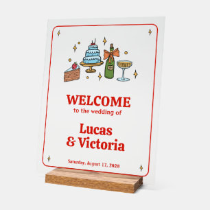 Hand Drawn Red Playful Whimsical Wedding Welcome Acrylic Sign
