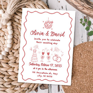 Hand drawn red squiggly lines wedding  invitation