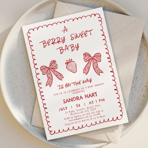 Hand Drawn Red Strawberry Berry Sweet Baby Shower  Invitation