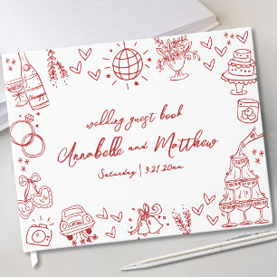 Hand Drawn Red Whimsical Wedding Guest Book