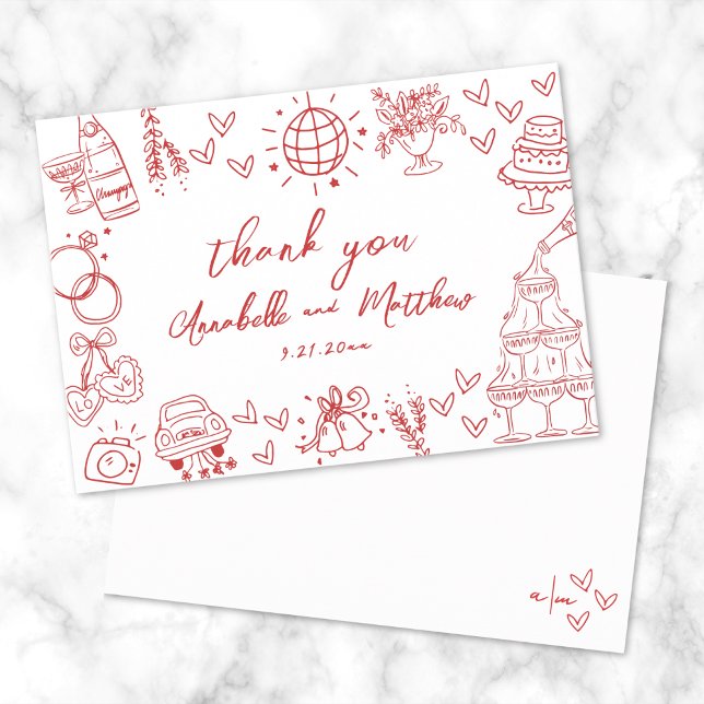 Hand Drawn Red Whimsical Wedding Thank You Card (Hand Drawn Red Whimsical Wedding Thank You Card)
