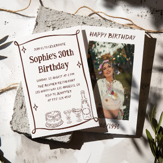 Hand Drawn Red & White 30TH Birthday Photo Invitation