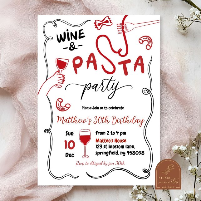 Hand Drawn Red Wine and Pasta Party Adult Birthday Invitation (Creator Uploaded)