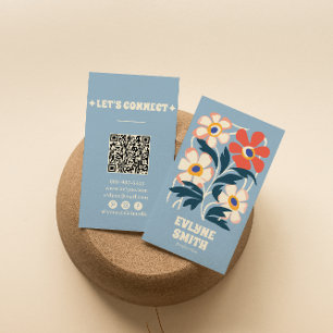 Hand Drawn Retro Blue QR Code Boho Floral Trendy  Business Card
