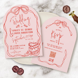 Hand Drawn Retro Bow Floral Pink Red Arch Wedding Invitation