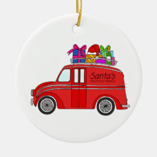 Hand drawn retro christmas car with gifts ceramic tree decoration