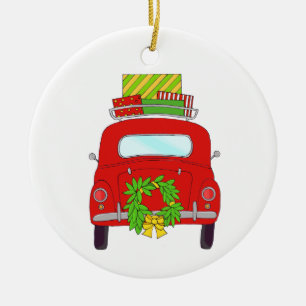Hand drawn retro christmas car with gifts ceramic tree decoration
