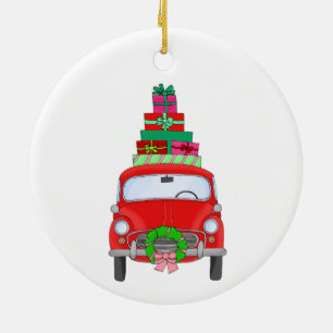 Hand drawn retro christmas car with gifts ceramic tree decoration